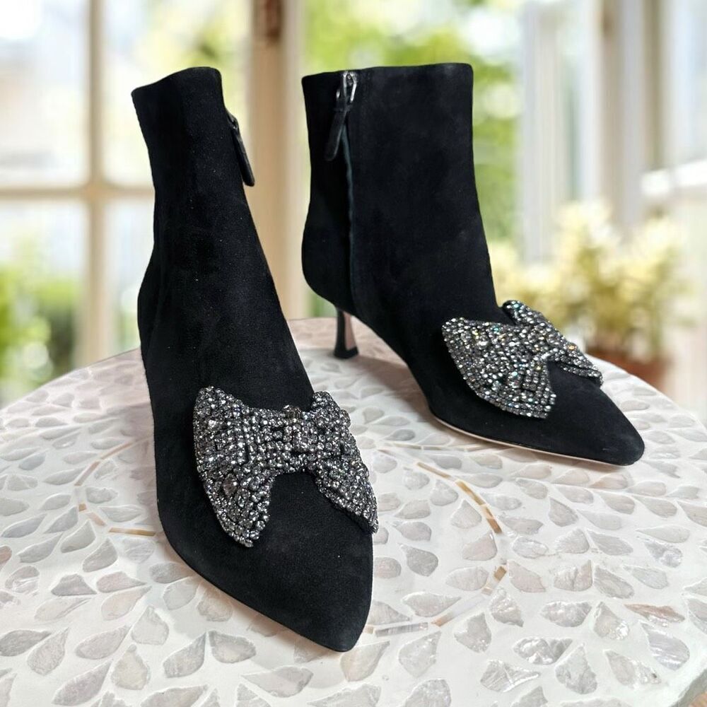 Tory Burch $498 Embellished Crystal Bow Leather Suede Ankle Booties Boots Shoes